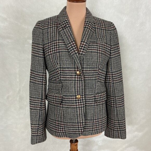 J. Crew Gray, Burgundy Red Wool Houndstooth Plaid Schoolboy Blazer 8 - Picture 1 of 11